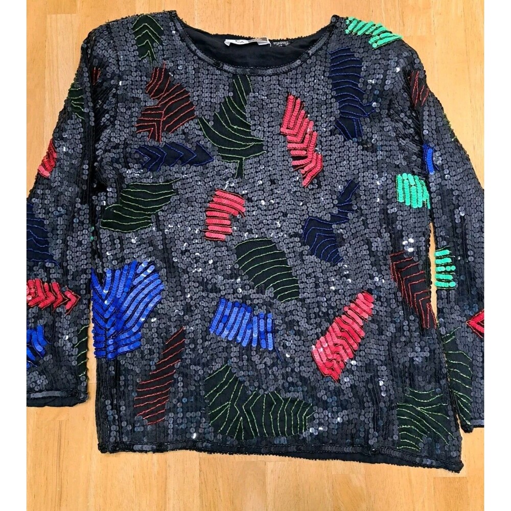 Vintage Carina Black Silk Sequin Top Evening Wear Sparkly Party M Long Sleeves